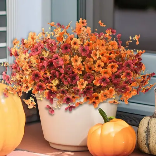 12-Pack Faux Floral Decorative Flowers - Lifelike Silk Mums with Eucalyptus Detail, Outdoor Tough Porch-to-Garden Fit for Fall Home Decor, Garden Pots, Front Porch