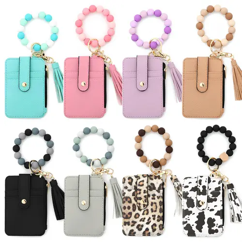 Women's Boho PU Leather RFID Credit Card Holder - Tassel Flower Pattern Card Bag, Keychain with Silicone Beads, Multi-Slot Wristlet Purse for Moms, Back to School Use
