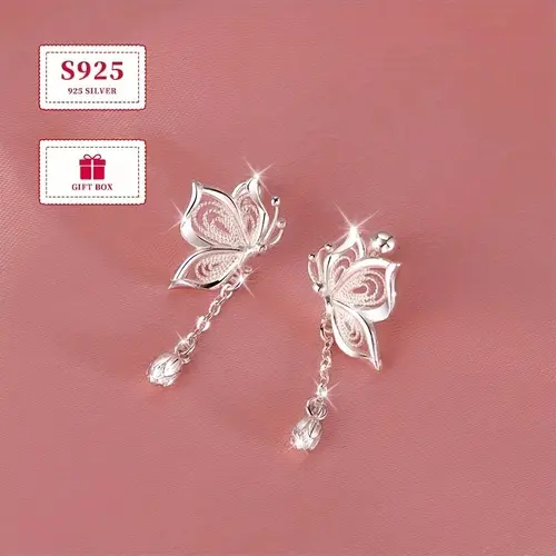 Women's 925 Sterling Silver Butterfly Charm Earrings Dangling, 2pcs Tassel Drop with Hollow Chain, Hypoallergenic Unisex Lightweight Jewelry for Daily Wear, Fashion Accessories