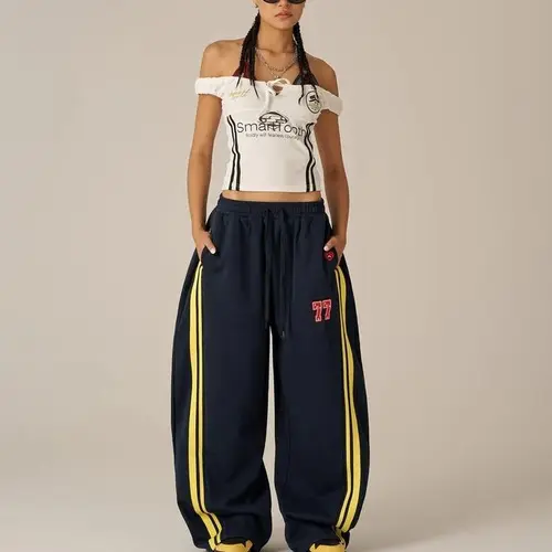 AELFRIC EDEN Men's Oversize Low-Rise Striped Cotton-Blend Athleisure Sweatpants - Heart Embroidery, Pockets, Vintage Retro Sport Style, Fashion 77 Street Energy Basics, Size M, Sexy,clothes for back to school,first day of school outfits,sohochic