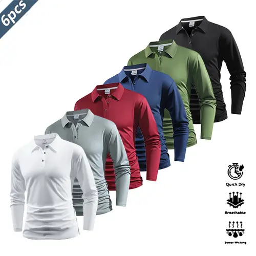 Men's 6-Piece Dry Fit Polo Shirt Set - Quick-Dry Polyester, Breathable Sports Wear, Fashion Sportswear, Mens Clothing, Tennis-Inspired Athletic Casual Tops for Golf,summerwins,father'sdaygifts