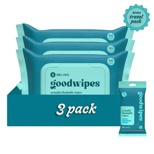 Shea-Coco 50ct Goodwipes - Actually Flushable Wipes Infused with Organic Aloe & Vitamin E for Sensitive Skin - Extra-Large 40% Larger Than Average Toilet