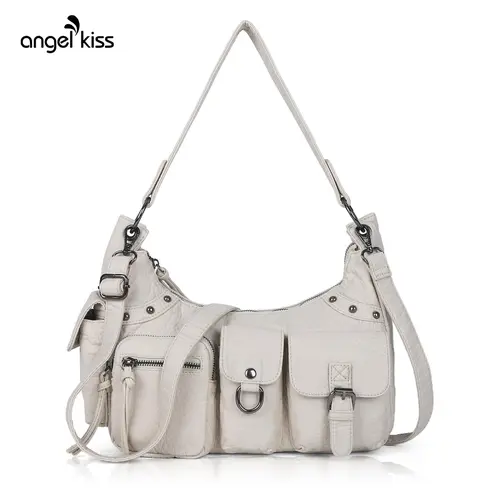 Angel Kiss Women's Soft Eco Vegan Leather Hobo(12.5" x 3.9" x 7") Shoulder Purse - Multi-Pocket, Zip Closure, Removable Strap, Everyday Bag, Bags for Women, Handbag Shoulder Purse, Angel Kiss Bag tiktokshopbacktoschool