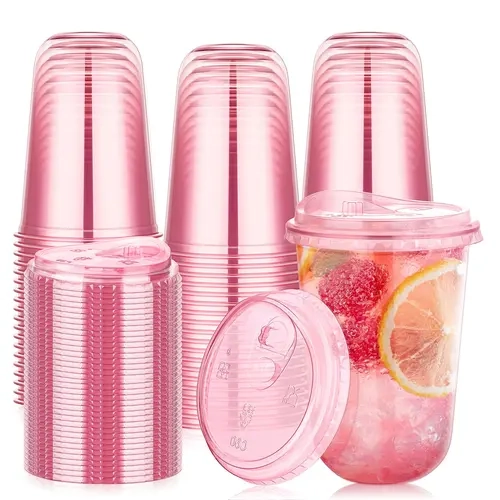 50-Pack 400ml Pink Plastic Cups with Direct-Drink Lids Disposable Coffee protein shake Cups Round-Bottom No Handles Portable Birthdays Wedding Parties Ice Coffee To Go Cup New Arrivals Essential Girls' party#SummerWins #DealsForYouDays,sohochic