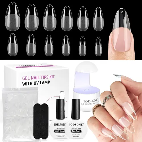 JODSONE 240pcs Fake Nails Kit - UV Lamp, Top Coat, Gel Glue, 7 Sizes Pre-File Thick Acrylic Tips, Stiletto/Square/Short-Long Almond, Nail Extension DIY Set, Gel X at Home Decorative Accessories