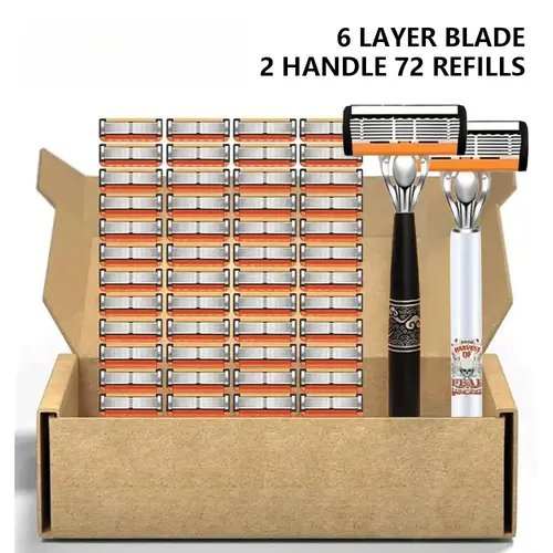 Men’s razor blade replacement pack: 72 blades (6–8 layers) + 2 handle pieces; sharp manual razor blades; men’s daily grooming product; head shaver; men’s razor; stainless steel blades; razor; razor set