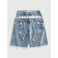Glitter Rhinestone Streetstyle Loose Fit Double Layer Waist Diamond Embellished Denim Shorts