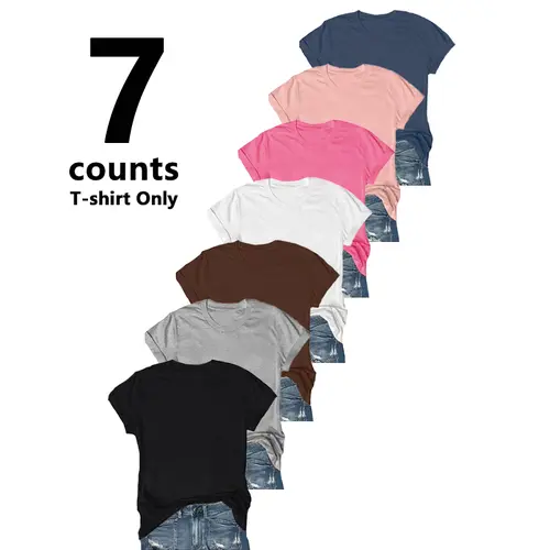 【Limited Time Deal】【Fast Shipping】Lady's Basic Short-Sleeve Round Neck Solid Color Loose Fit Casual T-Shirts Multipack - Breathable Polyester Basic Tops, Cold Wash Capsule Wardrobe All-Season Womenswear Essential (T-Shirt Only)