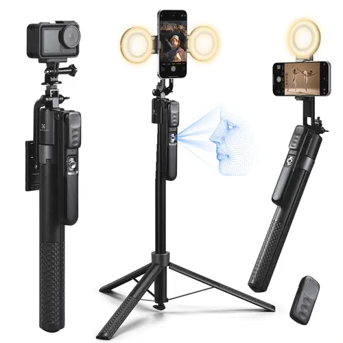 K&F CONCEPT 71” Phone Selfie Stick Tripod - 360° Rotatable, Bluetooth Remote, Stand, Optional 2 Fill Lights, Textured Black/White (White Same as Black) - Phone Accessories, Stabilizer Gimbal for Travel, Vloggers