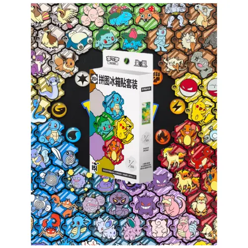 Pokémon TCG Chinese 151 Puzzle Fridge Magnet Set - Sealed Box with 1 Slim Journey Collectible Expansion Pack, 5 Trading Card Series, 9 Attributes (Dark, Dragon, Colorless), Interlock Edge Metal Magnets (Wall Decoration Compatible)