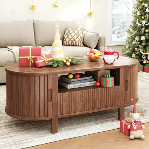 【BackToSchool】ONBRILL 47.2 Inch Oval Coffee Table with Storage, Mid Century Modern Coffee Table with Drawer, Center Table with Sliding Door and Wood Fluted Handle for Living Room,dorm essentials,home decor