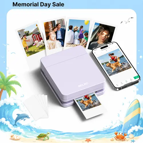 Back to School Photo Printer, Nelko Pocket PP01 Instant Inkjet Mini Color Instant Printer with Sticky-Back Photos, Portable Bluetooth Printer for Students, Dorm Decor & School Projects, Fun Editing App, USB Rechargeable