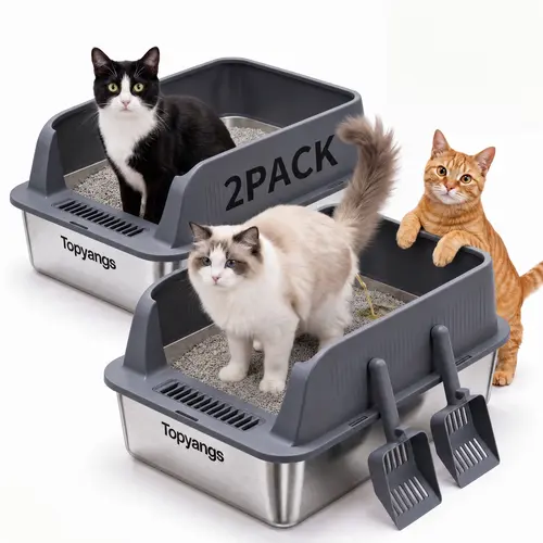 Topyangs 2-Pack Stainless Steel Cat Litter Box, Extra Large Non-Stick Rust-Proof Metal Tray with High Sides Splash Guard, Leak Proof, Easy Cleanup for Multi-Cat Households,sohochic