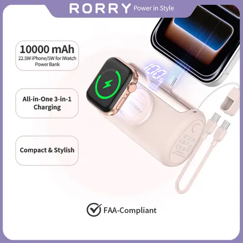 RORRY PalmGo Portable Charger Power Bank 10000mAh 3-in-1 Mini Battery Pack Built-in USB-C Connector 22.5W Fast Charging for iPhone 17/16/15 Apple Watch iPad Travel Essential Pocket Size Backtoschool,back to school,back to school haul,sohochic