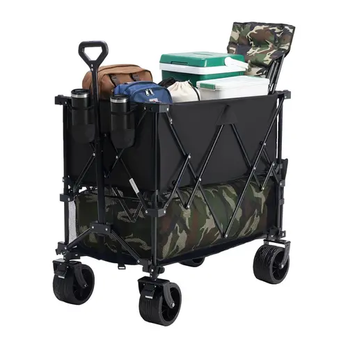 Sweetcrispy Heavy Duty Wagon - 320L Double-Decker Collapsible Outdoor Trolley, 440 lbs Capacity, Brakes, Flexible Handle, 360° Swivel All-Terrain Big Wheels, Water-Resist Fabric, 9.45" Folded Size, Compact Pack for Grocery, Camping
