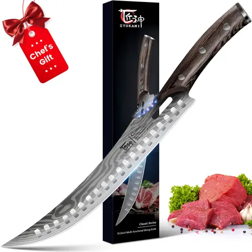 #sohochic SYOKAMI 10.5 in High Carbon Japanese Style Butcher Knife, Razor Sharp Cooking Knife with Ergonomic Full Tang Hygroscopic Wood Handle, Gear Teeth, Damascus Pattern, Gift Box for Thanksgiving Christmas Day