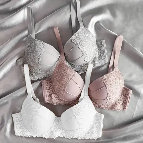 3pcs Women's Push-Up Underwire Bras - High Support Anti-Sagging Breathable Nylon/Elastane Blend, Bohemian Style Lace Trim & Solid - Comfortable Everyday & Special Occasion Bras Womenswear Basic Minimalist Vneck