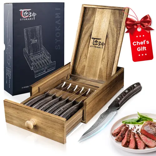 #sohochic SYOKAMI 4.8 Inch Steak 2/4/6/8 Knives Sets, High-Carbon Japanese Style Non-serrated Steak Knife with Wood Handle, Damascus Pattern Full Tang Design, Razor-Sharp Dinner Knives with Gift Box For Thanksgiving Christmas Day