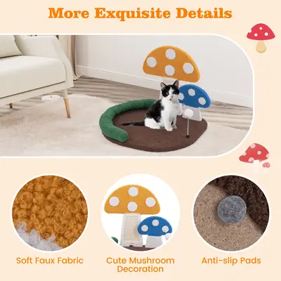 COSTWAY - Mushroom Cat Bed Cat Claw Scratcher with Wide Bed and Sisal Scratch Panel-Multicolor