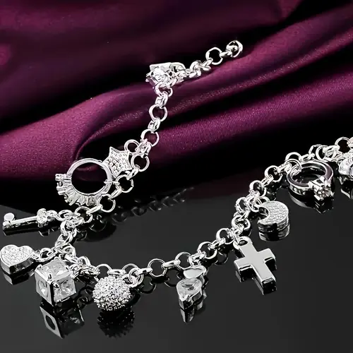 Women's Silvery Heart Key Charm Stackable Bracelet - 1pc, 13 Small Pendants, Bohemian Style, Shiny Exquisite Design, Fashion Costume Jewelry Accessory, Ideal Gift for Girlfriend, Heart Charm Bracelet