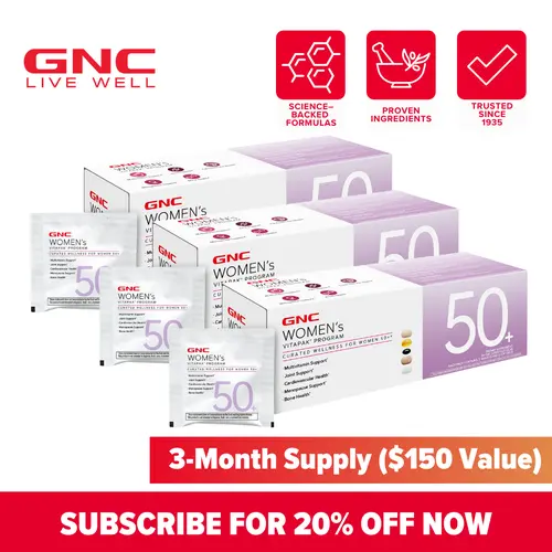 GNC Women's 50+ Vitapak 3-Pack Bundle Supplement Stack - Anti-Stress Vitamins Supplements, Beautiful Skin, Bone Health Support, Natural Ingredient Selfcare for Body Health (Simplifies Routine)