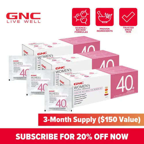 GNC Women's 40+ Vitapak 3-Pack Bundle - Dietary Nutrition Supplement Capsules with Stress Support, Glutathione Skin Aid, Bone Health, Brain Health, Natural Ingredients