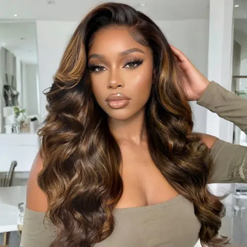 【Special Deal】Sunber Human Hair Balayage Highlight Brown Loose Wave 13x4 Lace Frontal Wig, Pre-Styled Glueless Drawstring Fit All Head Sizes, Beginner-Friendly Put-On-and-Go Balayage Highlight Wig, Balayage Highlight Wigs, Body Wavy Wig,sohochic