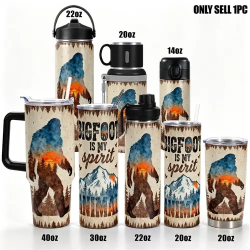 1pc 40oz/30oz/22oz/20oz/14oz Bigfoot Spirit Animal Tumbler, Double-Wall Vacuum Insulated Stainless Steel Water Bottle with Handle & Straw, Leak-Resistant Travel Mug, Rustic Outdoor Design, Ideal for Gym, Hiking, Camping & Travel, Birthday Gifts