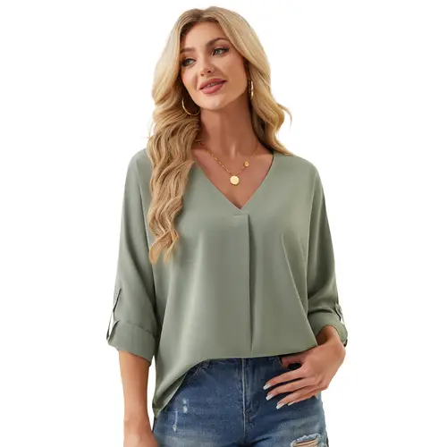 YUCOLEN Women Blouses V Neck Asymmetric Hem Lightweight Flowy Shirts 3/4 Roll Up Cuff Womens Tops Business Casual Office,sohochic