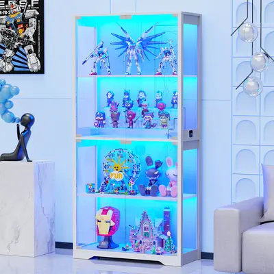 Brottar Modern Home Furniture Glass Door Display Cabinet - 4-Tier Curio Cabinet with 3-Color LED Lighting, Anti-Tip Kit, Storage for Collectibles, Toys, Books, for Playroom, Bedroom, White (Light Up Your Space)