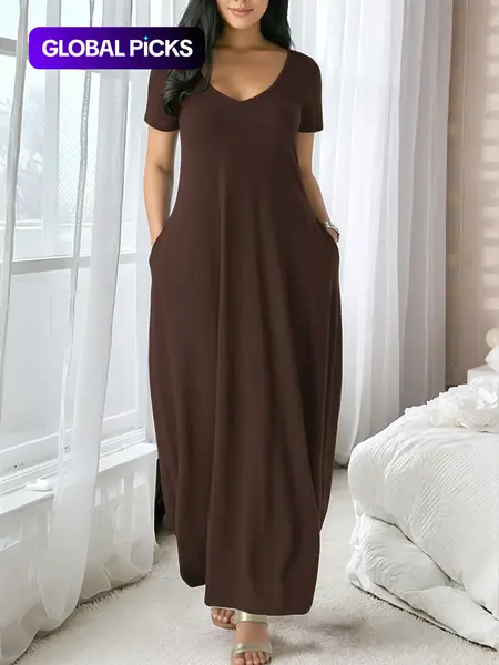 Women's Long Coffee Color Dress, Casual Fitted Style, Large Round Neck Short Sleeve Pocket Sleepwear, Soft Fabric All Seasons Wear