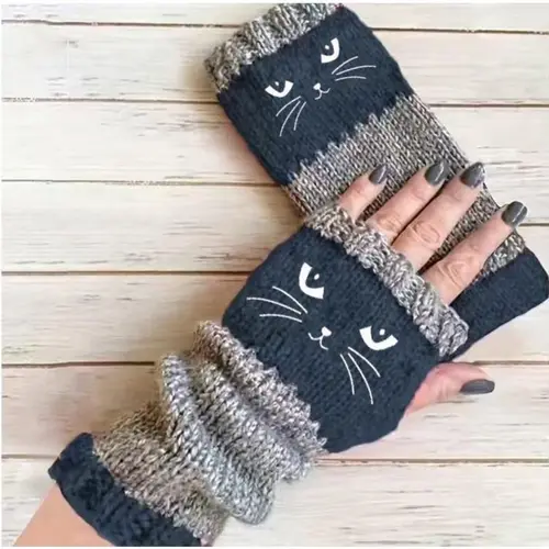 Women's Knitted Fingerless Black Gloves - Flexible, Ambidextrous, Embellished with Modern Cartoon Cat Embroidery, Warm Hand Cover Fashion Accessory for Winter Casual Outfits,sohochic