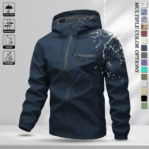 Men’s softshell lightweight windproof hooded jacket with drawstring design, sporty casual style, large front pocket, side zip closure, suitable for spring and autumn, back to school season outfits, long sleeve version ideal for outdoor wear in spring