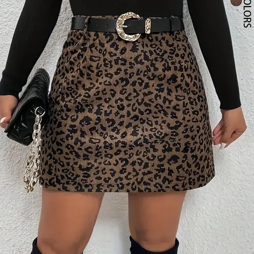 Women's Comfortable Casual Chic Leopard Print Corduroy High Waist Fitted Medium Thick Mini Skirt, Fall/Winter, Womenswear Bottom, High Waist Skirts