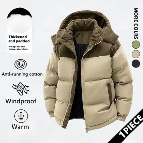 Men's Vintage Cotton Padded Long Sleeve Corduroy Splicing Cargo Jacket - Soft, Detachable Hat, Thick Warm Polyester, Windproof, Autumn Winter Casual Menswear Top with Pockets for Outdoor Sports,sohochic