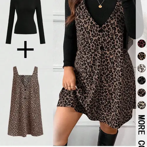 Women's High Neck Long Sleeve Inner Layer + Leopard Print Strap Skirt Matching Set, Casual Daily Day Spring Autumn Commuter, Two-Piece Ensemble Outfit Clothes, Animal Print Set