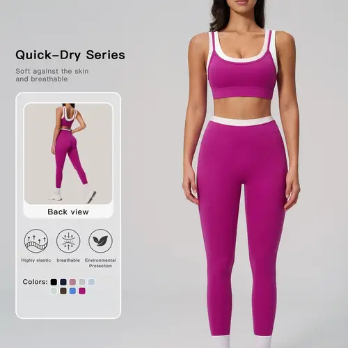 Women's Two-Piece Colorblock Yoga Set, High-Waisted Ribbed Casual Fitness Sportswear, Versatile Gym Workout, Ribbed Activewear, Athleisure Activewear, Bra Legging Set, Yoga Fashion Set