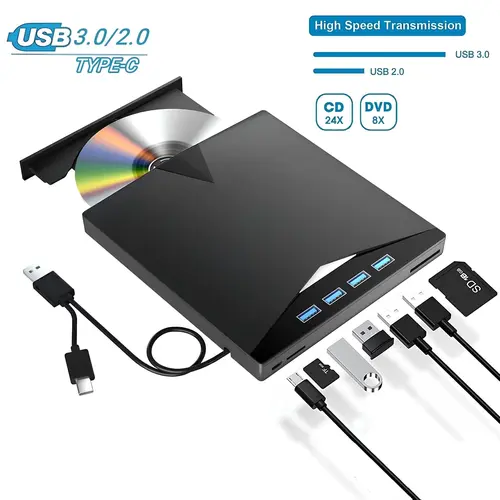 External CD DVD Drive for Laptop & Desktop , [7 in 1] USB 3.0 Type-C External DVD Player, Portable CD/DVD ROM Burner with TF/SD Card Slots
