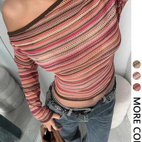 Women's Casual Striped Long Sleeve Knit Top, Ladies' Stylish Sweater for Daily Wear, Comfortable & Trendy Outerwear for Women