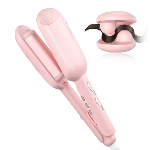 NOVUS Wave Curling Iron - 1.4in Anti-Scald 2-Barrel Ionic Ceramic Hair Waver, Fast Heating, 4-Temp Settings, Smooth Pink Hair Curler for Wide Deep Waves Comfort