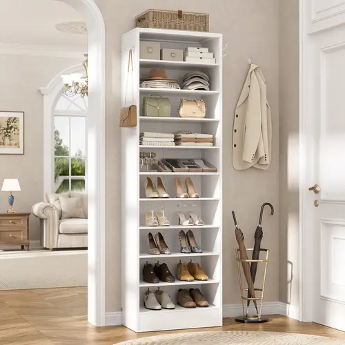 80" Tall Narrow Shoe Cabinet, 10-Tier Vertical Wood Shoe Rack with Adjustable Shelves & Hooks, Space Saving Shoe Storage Organizer for Entryway Closet, Holds 22 Pairs