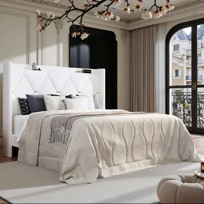 HOOMIC Modern Velvet Upholstered Platform Bed Frame【Frame Only No Mattress】with USB Charging Station and Storage Headboard-Full/Queen/King Size,Diamond Tufted Wingback Design with Gold Trim,No Box Spring Needed,Grey/White/Black#SummerVibes