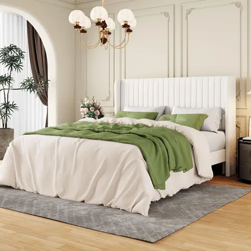 MUTICOR Modern Channel-Tufted Upholstered Bed Frame with Wingback Headboard, Velvet Fabric, Twin/Full/Queen/King, No Box Spring Needed#SummerVibes