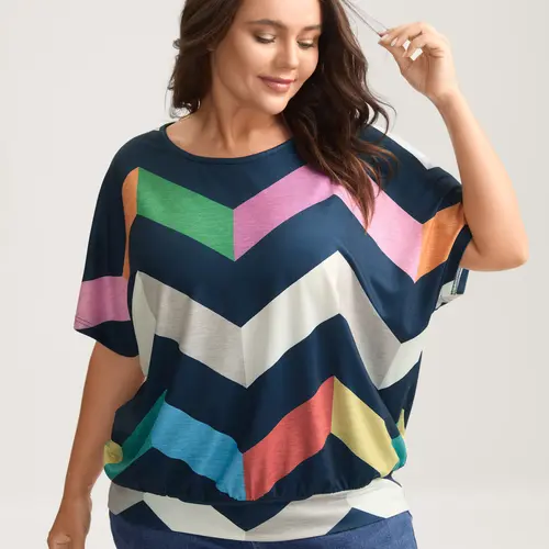 BLOOMCHIC Women's Plus Size Fashion Striped Spandex T-Shirt - Loose Oversized Fit, Stretchy Round Neck, Colorful Style Casual Summer Top [M-6X] (Oversized Tshirt Women)，SohoChic
