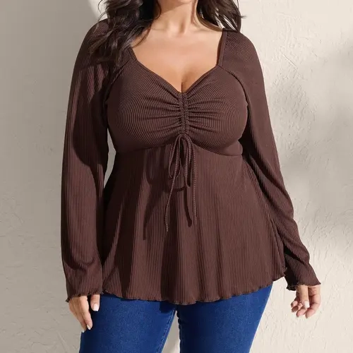 BLOOMCHIC Women's Plus Size Babydoll Blouse, Ribbed Stretch Fabric, Adjustable Drawstring Bodice, Flared Long Sleeves, Romantic Boho Fall Top, Casual Back To School Outfit [M-6X]，SohoChic