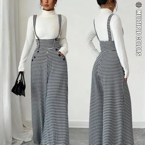 Women's Knitted Plaid Print Houndstooth Wide Leg Pants, Front Pocket Button Design, Fashionable Elegant Casual Daily Commuter Overalls, Fall Winter, Womenswear