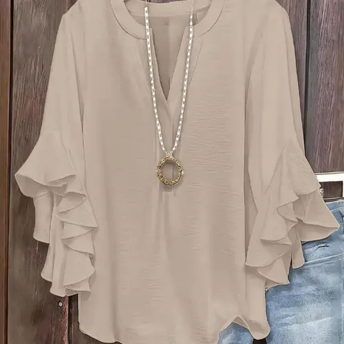 Plus Size Women's Ruffled Sleeve V-Neck Shirt Blouse Tops, Bohemian Ruffle Sleeves, Elegant Floral Design, Comfortable and Stylish, Perfect for Everyday Casual Wear