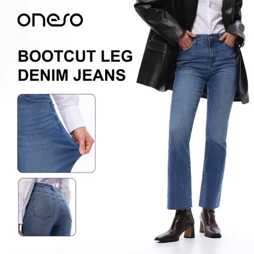 ONESO Mid Rise Zipper Pockets Bootcut Denim Jeans Bottoms Womenswear Casual Jeans