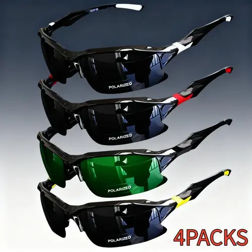 Unisex 4-Pack Safety Sports Sunglasses, Windproof Polarized UV400 Shield, UV Protection Anti-Glare Lightweight Shades for Car, Running/Golf