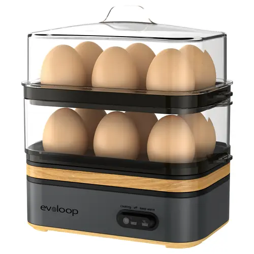 EVOLOOP Electric Rapid Egg Cooker - 12-Capacity, Soft/Medium/Hard Boiled, Poached & Omelet Maker, Vegetable Steamer, BPA-Free Double Layer Stackable Tray, Buzzer Alert, Space-Saving for Family, Dorms, Apartment